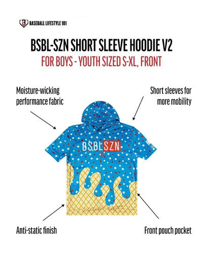 Vista 3 de Baseball Lifestyle 101 BSBL SZN - Sudadera con capucha de manga corta con bolsillo frontal V2, tallas de helado para jóvenes, S a XL