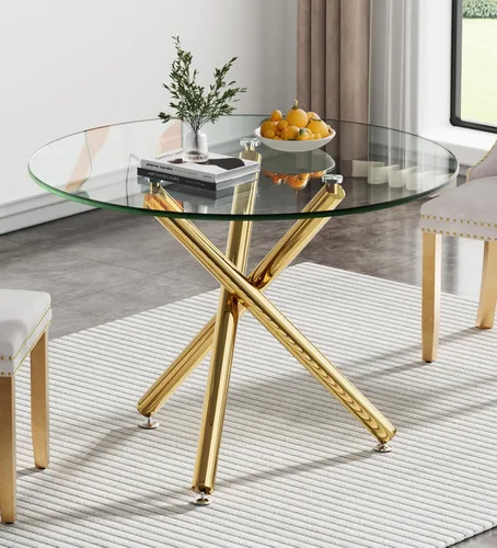 Vista 21 de Mesa de comedor redonda de 35.4 pulgadas para 4, moderna mesa de cocina de vidrio transparente para 4 personas con patas de metal dorado, mesas