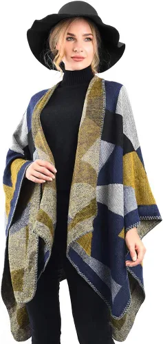 Vista 6 de OOPOR Chal cálido de invierno para mujer, capa de lana de punto para otoño, ponchos a cuadros, suéter, bufanda de forro polar