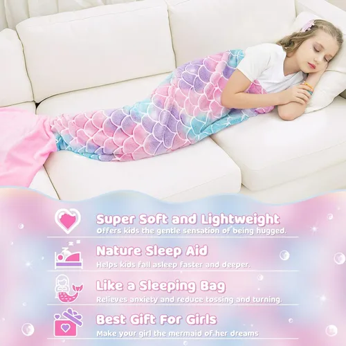 Vista 7 de WERNNSAI Manta de Cola de Sirena para Niños - Manta Ponible de Sirena que Brilla en la Oscuridad para Niñas de Invierno Franela Suave con Escamas