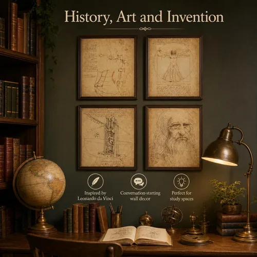 Vista 7 de Impresiones artísticas originales de Leonardo da Vinci – Gran decoración de aula de ciencias y oficina en casa, accesorios para dormitorio