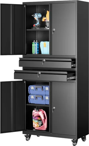 Vista 18 de SISESOL Gabinete de almacenamiento de metal ancho y profundo con ruedas, gabinete de almacenamiento de garaje alto rodante con cerradura, gabinetes