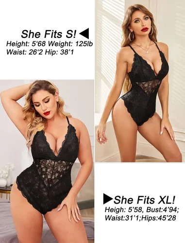 Vista 7 de Avidlove - Lencería para mujer, body con cierre a presión en la entrepierna, con encaje sexy en contraste, babydoll, una pieza, lencería tipo Teddy