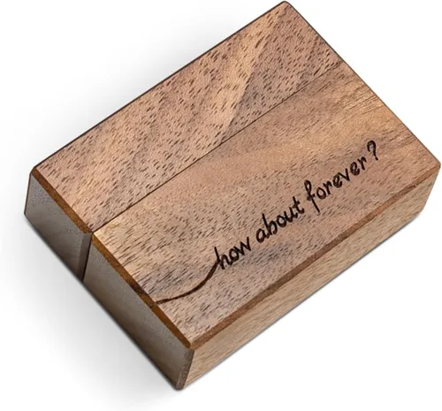 Vista 2 de Caja de anillo de compromiso de madera, pequeña funda plana delgada para propuesta, boda (Qué tal para siempre)