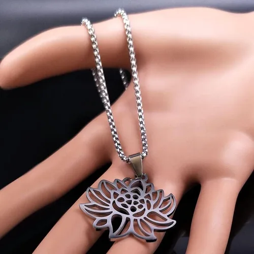 Vista 2 de 2024 Yoga Lotus Stainless Steel Statement Necklace Women Silver Color Necklaces Pendants Jewelry Bisuteria