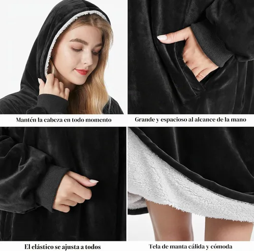 Vista 4 de Felicigeely Blanket Hoodie Wearable Blanket Sweatshirt Oversized Hooded Blanket Sweater Gift for Women Negro