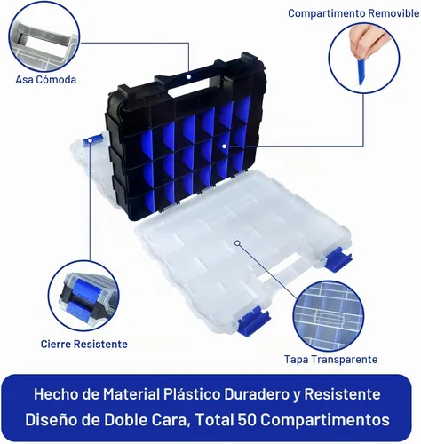 Vista 2 de Caja organizadora de herramientas, caja de almacenamiento de piezas pequeñas, 50 compartimentos, organizadores de hardware de doble cara