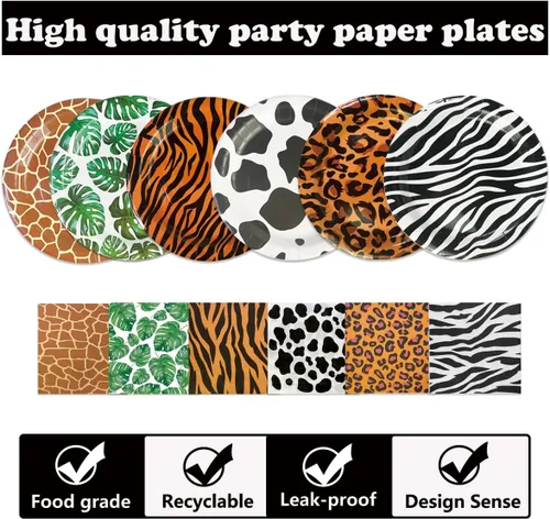 Vista 3 de 120 platos y servilletas de safari para fiestas, decoraciones desechables para fiestas de selva, platos de papel con estampado de animales de safari