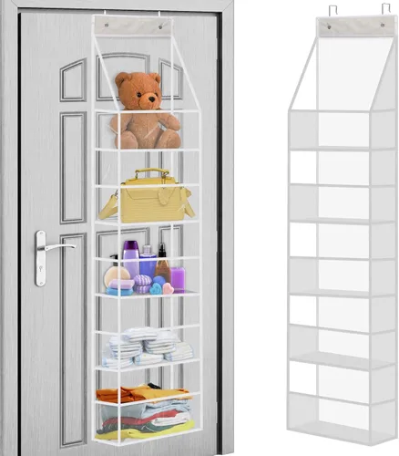 Vista 8 de Organizador de despensa de 5 estantes con bolsillos transparentes, almacenamiento colgante resistente para armario, dormitorio, baño y guardería