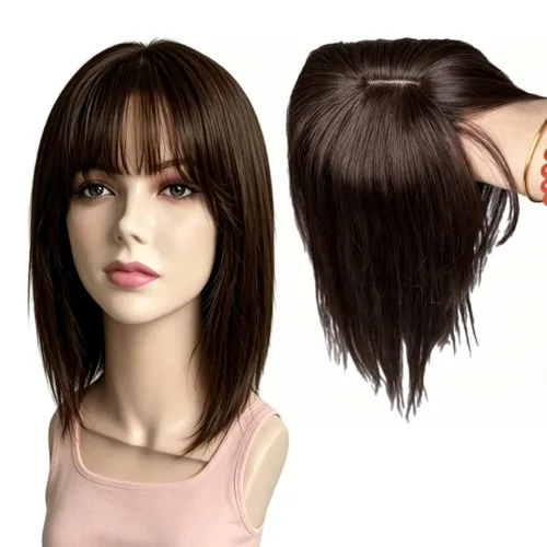 Vista 18 de Peluca de cabello humano para mujer con flequillo, peluca con clip para cabello fino + base de cuero cabelludo de poliuretano de alta densidad