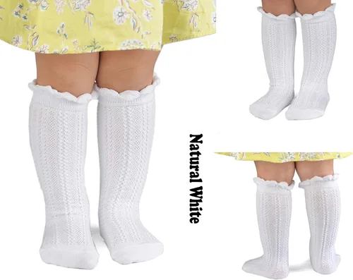 Vista 3 de Epeius - Calcetines altos de algodón para bebés y niñas, de uniforme, calcetas con vuelos (Paquete de 3 o 5)