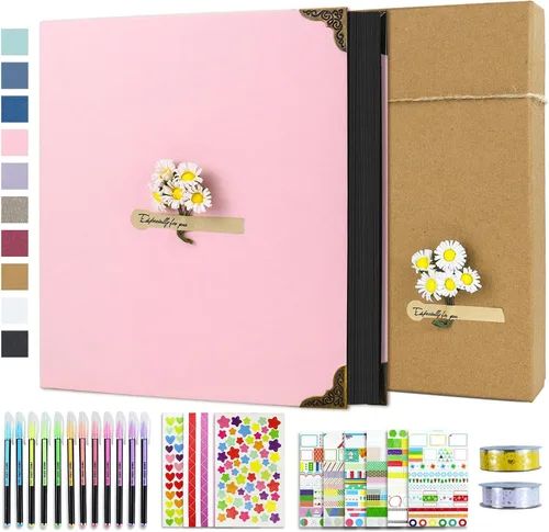 Vista 10 de Vienrose Kit de álbum de fotos de bricolaje con bolígrafos, cintas y calcomanías, 60 páginas, tapa dura de 8.5 x 11 pulgadas, 3 anillos, papel negro