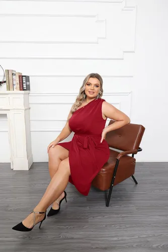 Vista 7 de Hanna Nikole Vestidos de fiesta ajustados de un hombro para mujer, talla grande, con dobladillo envolvente con purpurina, con cinturón, vestido midi