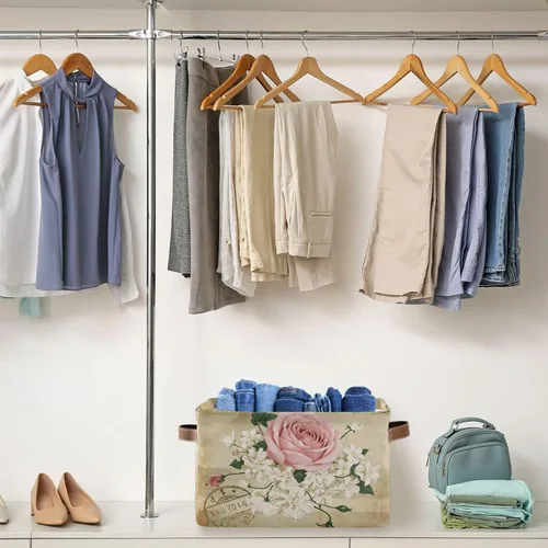 Vista 5 de ALAZA Shabby Chic - Caja de almacenamiento plegable con diseño floral de rosas, cestas organizadoras con asas para estantes, armario, sala de estar