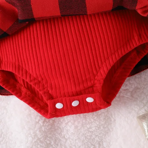 Vista 7 de Ehfomius Conjunto de mameluco de Navidad para bebé niña, con volantes, de manga larga, a cuadros, con diadema