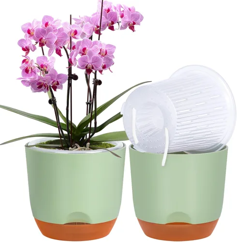 Vista 14 de QCQHDU 2 Pack 5.7 Inch Orchid Pots with Holes for Repotting, Double-Layer and Self Watering Orchid Pot with Good Air Circulation Verde