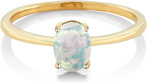 Vista 2 de Gem Stone King Anillo de compromiso solitario de ópalo blanco de imitación de oro amarillo de 10 quilates para mujer