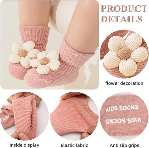 Vista 5 de 4 pares de calcetines antideslizantes para niños pequeños con agarres, calcetines de flores para bebé, niños y niñas, calcetines antideslizantes