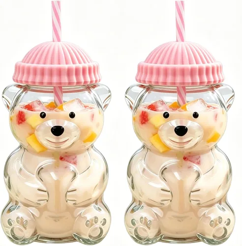 Vista 8 de Vaso con popote de vidrio con diseño de oso – Lindo vaso de vidrio reutilizable para batidos, café helado, cócteles de café helado (2, verde)