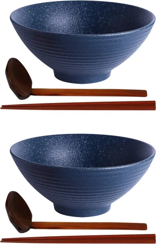 Vista 11 de Kanwone Juego de cuencos de cerámica japoneses para ramen, cuencos de sopa de fideos, 37 onzas, con cucharas y palillos a juego para fideos Negro