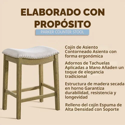 Vista 5 de ROME + OAK Juego de 2 Taburetes de Mostrador Parker de 26", Taburete de Bar de Cocina sin Respaldo Tipo Silla de Montar en Acabado de Madera Natural