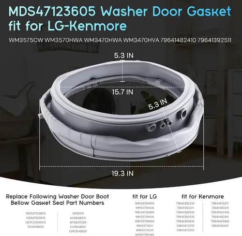 Vista 2 de MDS47123605 WM3470HVA WM3470HWA Junta de puerta de arandela para LG Kenmore OEM Junta de arranque de goma WM3570HWA WM3575CW MDS47123610 AP5602285
