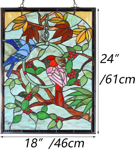 Vista 6 de BIeye W10052 Blue Jay and Cardinal on Branches Tiffany Style - Panel de vitral con cadena, forma rectangular, 18 pulgadas de ancho x 24 pulgadas