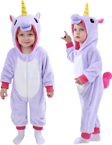 Vista 9 de TONWHAR - Disfraz para niños y bebés, disfraz de dinosaurio, tigre, animal, atuendo de fantasía, mameluco con capucha Azul (Blue Unicorn)