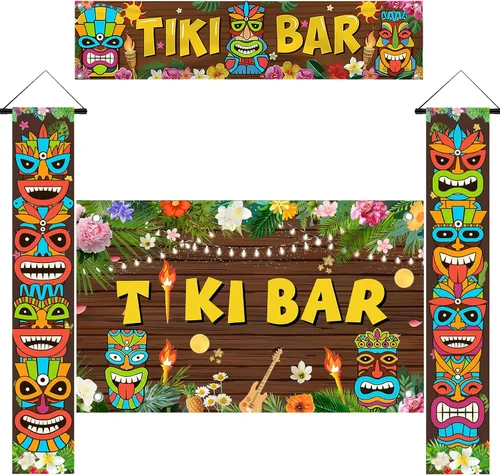Vista 8 de Luau - Cartel para puerta de tótem Tiki, 3 piezas, pancarta de Tiki para porche, cubierta hawaiana para Aloha Hawaii, Moana tropical, cumpleaños
