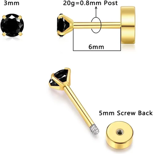 Vista 18 de 3mm Tiny CZ Flat Back Stud Earrings,14K Gold Small Screw on Cubic Zirconia Earrings for Cartilage Helix Tragus Piercing Jewelry Gift for Women Girls