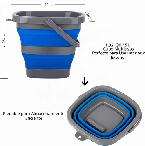 Vista 2 de Paquete de 2 cubos de plástico plegables con 1.32 galones (5L) cada uno, tina rectangular plegable para limpieza del hogar, recipiente de agua al