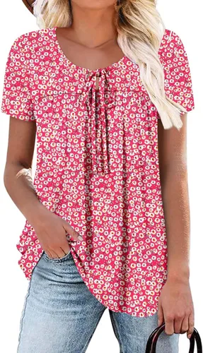 Vista 6 de BETTE BOUTIK Blusas de verano para mujer, plisadas, de manga corta, con cordón, cuello redondo, tallas S-3XL