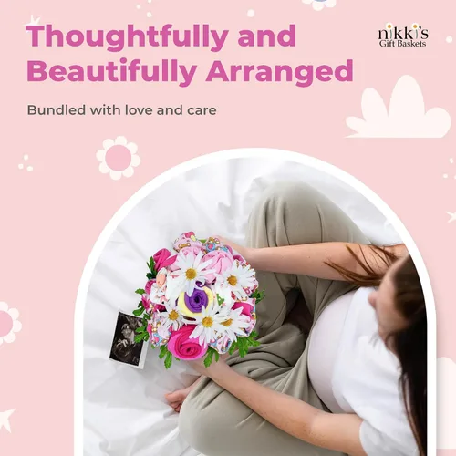 Vista 5 de Ramo de flores de ropa para bebé niña Set de regalo para bebé recién nacida Cesta de regalo para futuras mamás y revelaciones de género Set