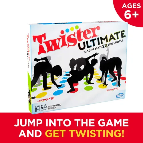 Vista 11 de Hasbro Gaming Twister Ultimate: Tapete más grande, más puntos de colores, juego familiar de fiesta para niños de 6+ años; compatible con Alexa