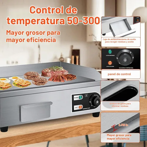 Vista 3 de Plancha Eléctrica de Encimera de 22" 1600W 110V Antiadherente Comercial para Restaurante Teppanyaki con Control de Temperatura Ajustable de Acero