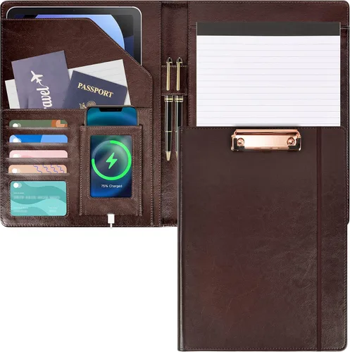 Vista 10 de Portafolio Folio Carpeta Portafolio con Bloc de Notas-Bolsillo Portatarjetas de Visita Marrón Imitación PU Cartera