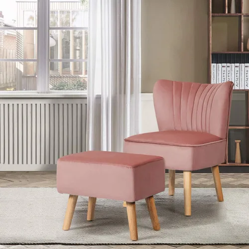 Vista 2 de Giantex Silla decorativa de terciopelo con otomana, moderna silla tapizada con reposapiés, patas de madera firmes, juego de sillas individuales