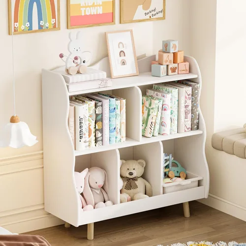 Vista 8 de Estantería para niños y organizador de juguetes Treocho, estantería de madera para niños de 3 niveles con diseño curvo, 5 compartimentos