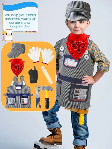 Vista 4 de Juego de 10 piezas de disfraz de conductor de tren para niños, kit de disfraz de ingeniero de tren, bandana y silbato para niños y niñas, Halloween