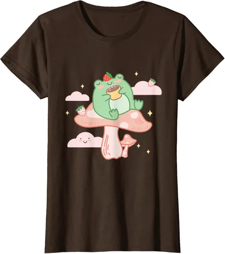 Vista 22 de Kawaii Strawberry Frog On Mushroom - Camiseta de manga corta de anime, Azul / Patchwork, S Azul Pastel