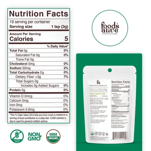 Vista 2 de Foods Alive Polvo de Agar Agar Orgánico 2 oz Gelatina a Base de Plantas Gelatina Kosher Vegano Sin Gluten