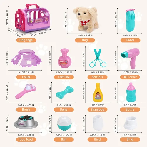 Vista 2 de Juego de cuidado de mascotas, juego eléctrico de veterinario, para caminar, ladrar, mover la cola, juguetes de aseo para perros con transportador