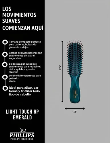 Vista 2 de Phillips Brush Light Touch 6 Cepillo desenredante para el cabello, verde esmeralda pequeño Flexible Nylon Bristles Gently Detangle and Smooth All