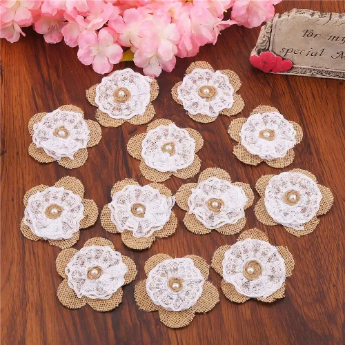 Vista 4 de DECORA 12 rosas de encaje de arpillera hechas a mano con perla para decoración de bodas y manualidades