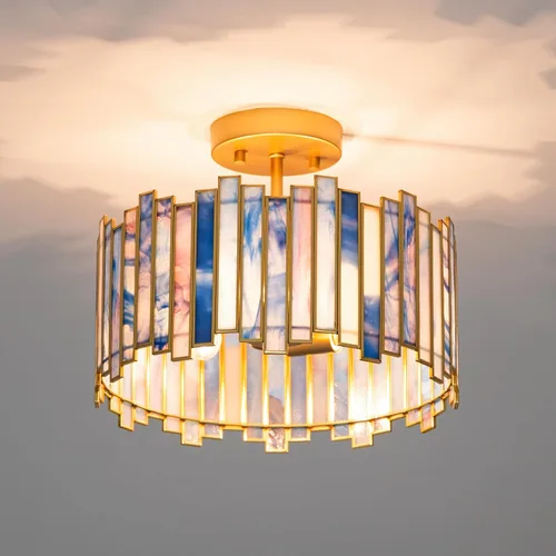 Vista 10 de Lámpara de techo de latón antiguo en forma de tambor, lámpara Tiffany semiempotrada de 12.5 pulgadas con vidrio verde Mable, iluminación colgante