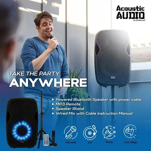 Vista 2 de Acoustic Audio by Goldwood 1000W Altavoz Bluetooth con LED intermitente, gran sistema de sonido PA enchufable con soporte, micrófono y control