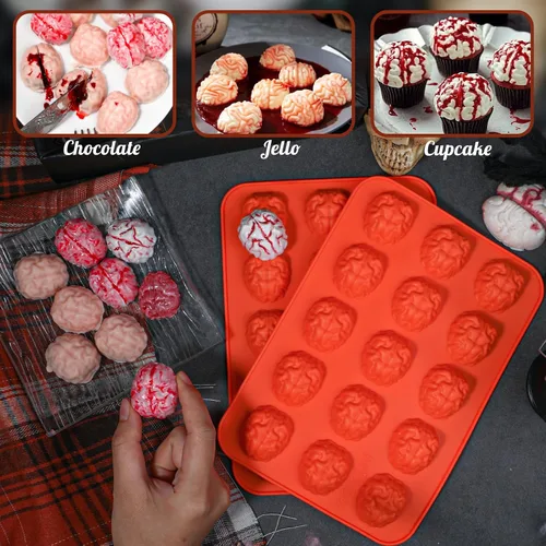 Vista 2 de Webake Brain - Molde de chocolate para Halloween, tamaño bocado, 15 cavidades para Halloween, chocolate, dulces, gelatina, cupcake, golosinas