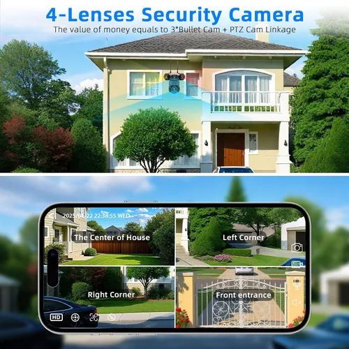 Vista 2 de Cámara de seguridad inalámbrica de 4 lentes al aire libre, imagen HD 2K PTZ 360° de vigilancia, visión nocturna a color, conexión WiFi, detección