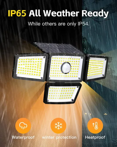 Vista 4 de Lámpara Solar con Sensor de 4 Cabezales, Luces Exteriores con Sensor de Movimiento 3000LM, 283 LED, 6500 K, Sensor de Movimiento, IP65 Impermeable