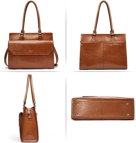 Vista 6 de CLUCI Maletín de negocios de cuero de 15.6 pulgadas para mujeres con 2 compartimentos con cremallera bolsa para portátil Oil Wax Leather, Business